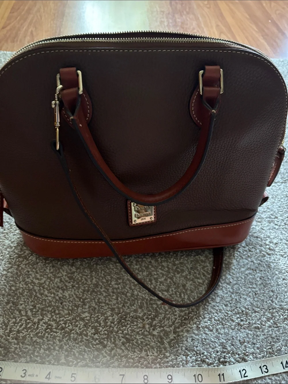 Dooney & Bourke Brown Pebbled Leather Dome Satchel with Tan Trim